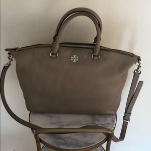 Tory Burch light grey/taupe satchel w/crossb strap
